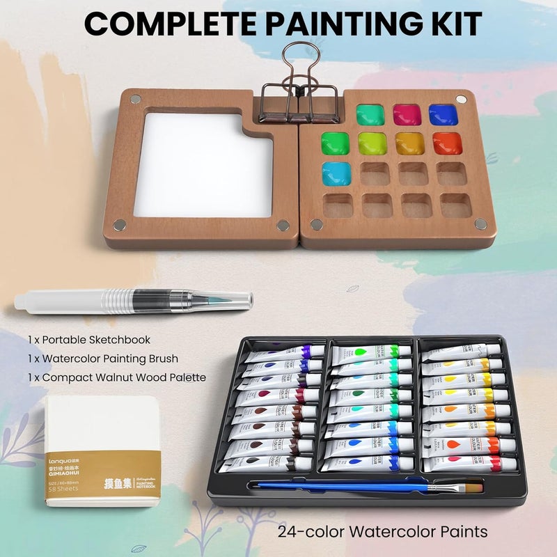 Gloxlite Mini Paint Palette Travel Kit,Mini Travel Watercolor Palette Set,Pocket Artist Acrylic colour Sets with Watercolor Pens,Binder Clips, Include 24 Colors Paint for Beginners Artists - Image 3